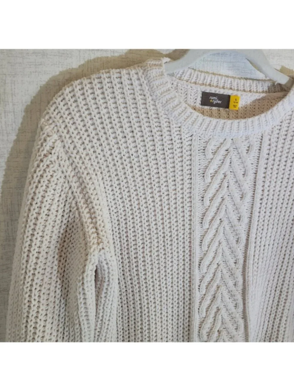 Rumi Ryder Sweater Girls Large 12-14 White Cable Knit Pullover Crewneck